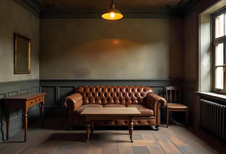 Charming Vintage Interior with Leather Sofa, Wood Table, and Classic Ceiling Light